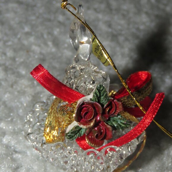 Vintage Clear Glass Holiday Christmas Candle Ornament w/Handle Red Roses Ribbon - Picture 2 of 16